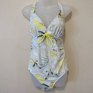 Mamalicious Green Yellow Floral V Neck One Piece Swimsuit Maternity sz M